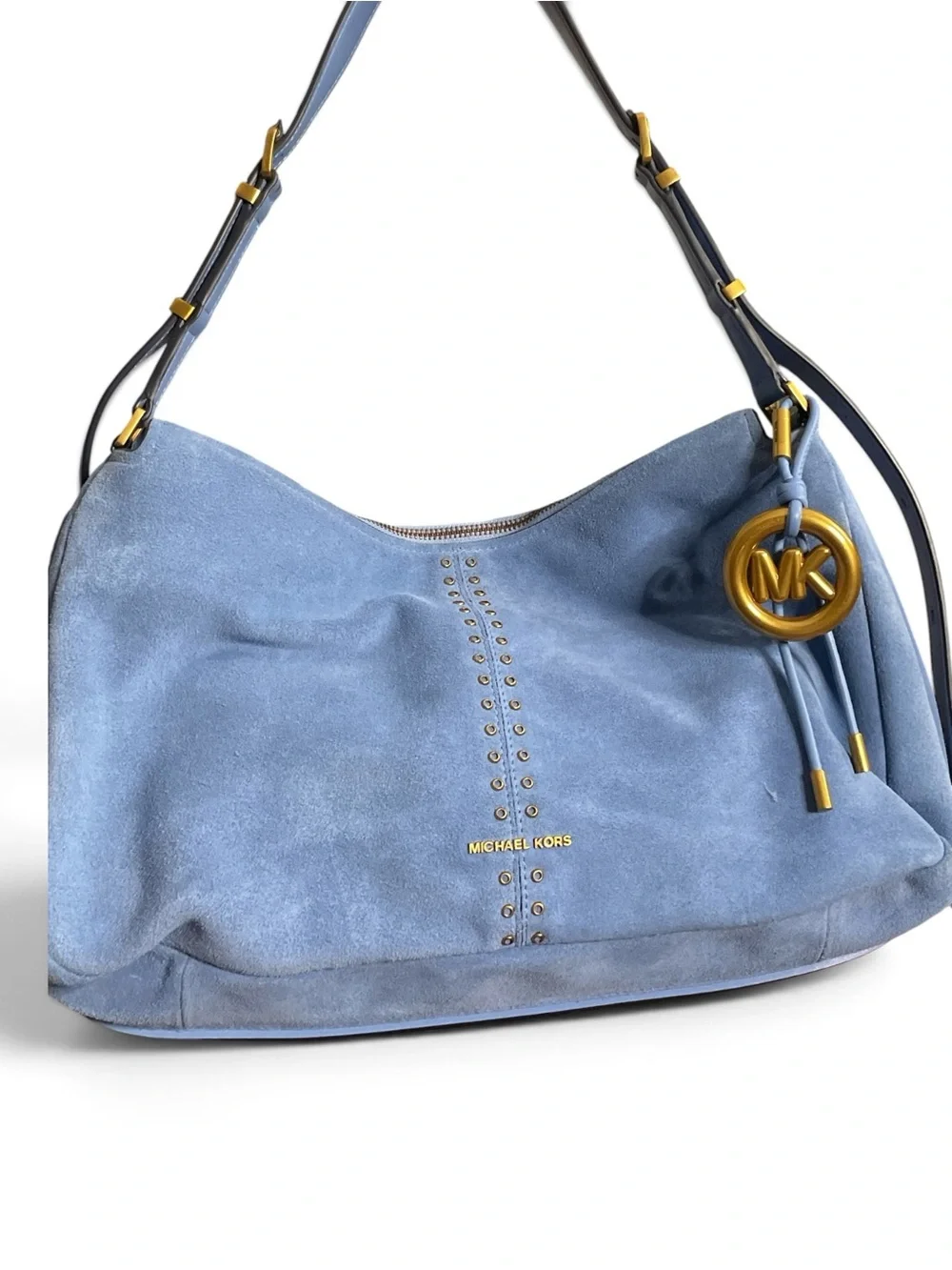 Michael Kors Sky Blue Suede Hobo with Gold MK Charm W 16 H 9.5